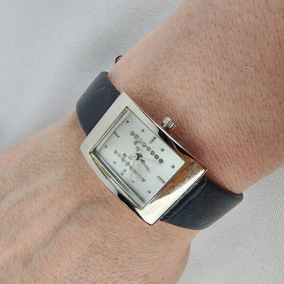 Black Leather Silver Rhinestone M Watch - Picture 1 of 8